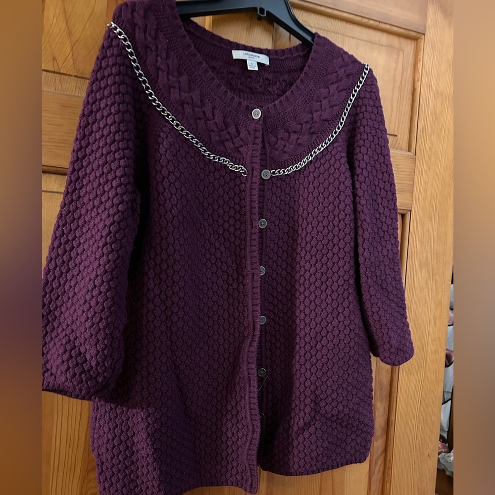 Warm cardigan sweater with silver chain detail